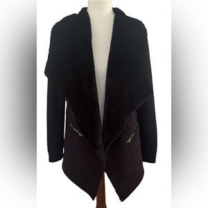 MOD Women's Black Faux Fur Suede Knit Open Cardigan Sweater Jacket Size Small